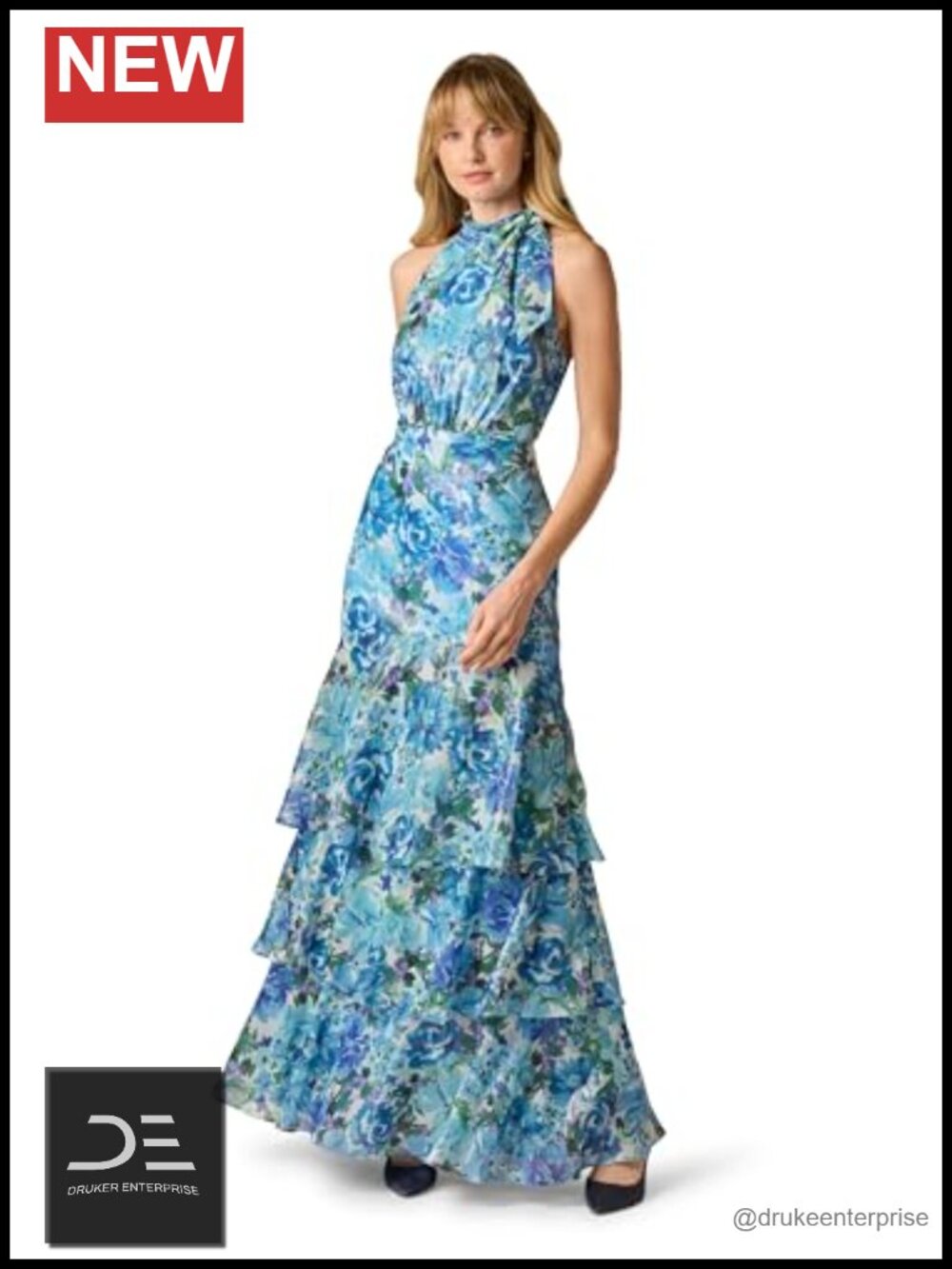 Glazed Chiffon Floral Halter Gown Tiered Hem Petite Formal Dress